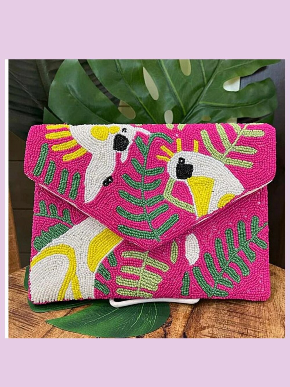 Pink Parrot Tropical Bird Resort Luxe Bag Beaded Crossbody Clutch Handbag